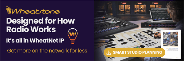 Radio studio control room with promotional text for smart studio planning