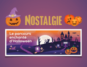 A Halloween nostalgia poster with pumpkins, a haunted landscape, and French text